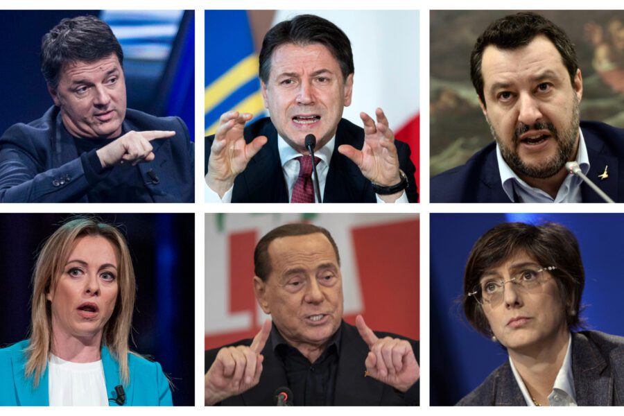 In alto da sinistra: Renzi, Conte, Salvini
In basso da sinistra: Meloni, Berlusconi, Bongiorno