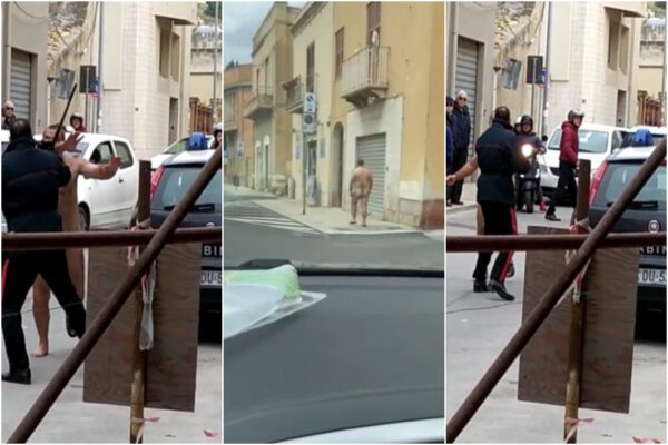 Uomo nudo gira per le strade della città, colluttazione con Carabinieri