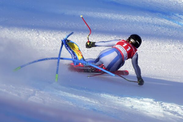 Italy’s Sofia Goggia falls during an alpine ski, women’s World Cup super G, in Garmish Partenkirchen, Germany, Sunday, Feb. 9, 2020. (AP Photo/Marco Tacca)