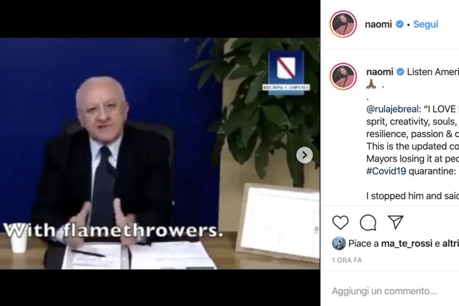 De Luca conquista Naomi Campbell, la supermodella ‘pazza’ per i video del governatore sul Coronavirus