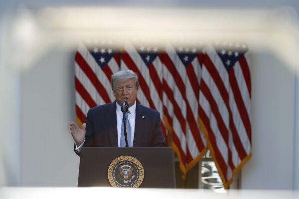 President Donald Trump speaks about the coronavirus in the Rose Garden of the White House, Wednesday, April 15, 2020, in Washington. (AP Photo/Alex Brandon)