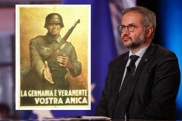 Il leghista Borghi pubblica manifesto nazista contro la Germania: “La tattica è sempre la stessa”