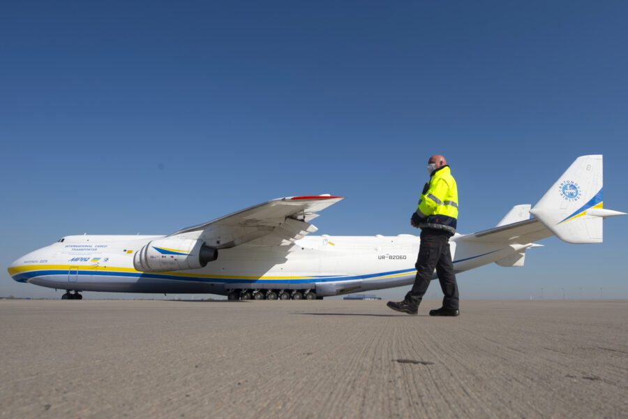 The Antonov An-225, the world’s largest operational cargo plane, arrives and bringing more than eight million protective face masks from Chinese town Tianjin as a Bundeswehr transport to the Leipzig/Halle airport in Leipzig, Germany, Monday, April 27, 2020. The transport is part of the German armed forces Bundeswehr’s administrative assistance in the Corona crisis. Three cargo planes carrying a total of 25 million protective face masks as Bundeswehr transports from China. (AP Photo/Jens Meyer)