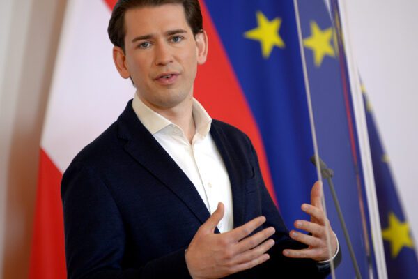 Austrian Chancellor Sebastian Kurz briefs the media about the coronavirus situation in Vienna, Austria, Monday, May 4, 2020. (Herbert Pfarrhofer/Pool via AP)