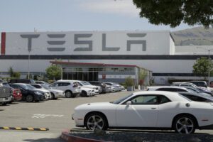 Vehicles are seen parked at the Tesla car plant Monday, May 11, 2020, in Fremont, Calif. The parking lot was nearly full at Tesla’s California electric car factory Monday, an indication that the company could be resuming production in defiance of an order from county health authorities. (AP Photo/Ben Margot)