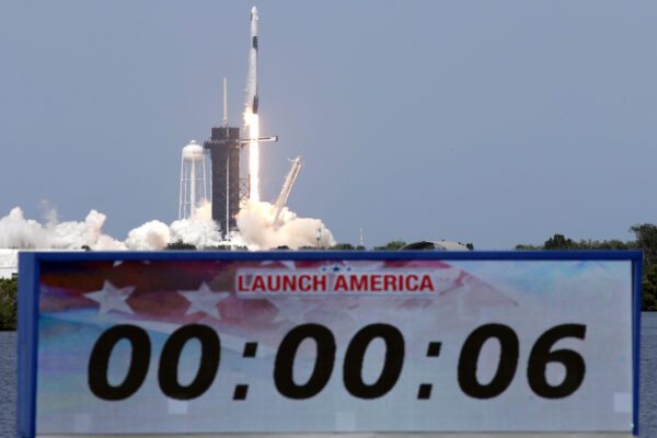 A SpaceX Falcon 9, with NASA astronauts Doug Hurley and Bob Behnken in the Dragon crew capsule, lifts off from Pad 39-A at the Kennedy Space Center in Cape Canaveral, Fla., Saturday, May 30, 2020. For the first time in nearly a decade, astronauts blasted towards orbit aboard an American rocket from American soil, a first for a private company.(AP Photo/John Raoux)
