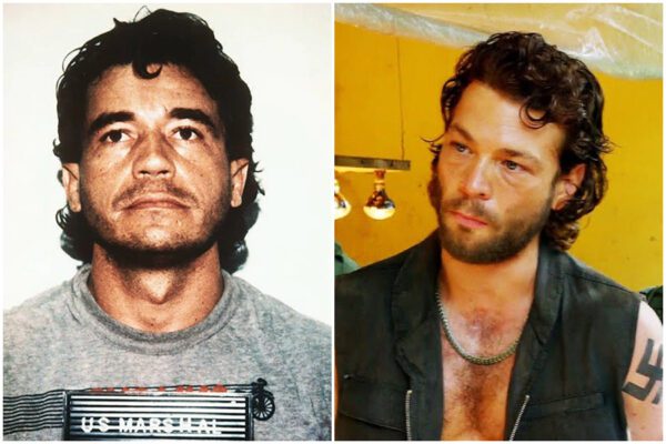 A sinistra foto segnaletica di Lehder. A destra il narcotrafficante interpretato da Riedinger