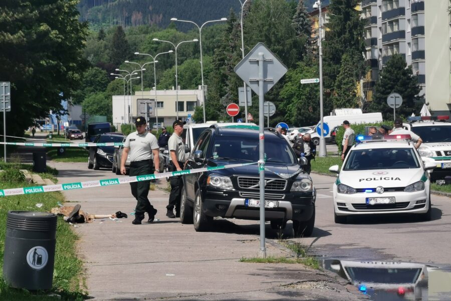 Police officers attend an incident at the primary and secondary school in Vrutky (Zilina region), Slovakia, Thursday, June 11, 2020. Police say a man with a knife attacked a school in Slovakia on Thursday, killing one person before he was killed by police. (Erika Durcova/TASR via AP)