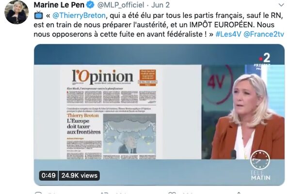 Traduzione: Thierry Breton, eletto da tutti i partiti francesi tranne il RN, ci sta preparando l’austerità, e una TASSA EUROPEA. Ci opponiamo a questo salto in avanti federalista!