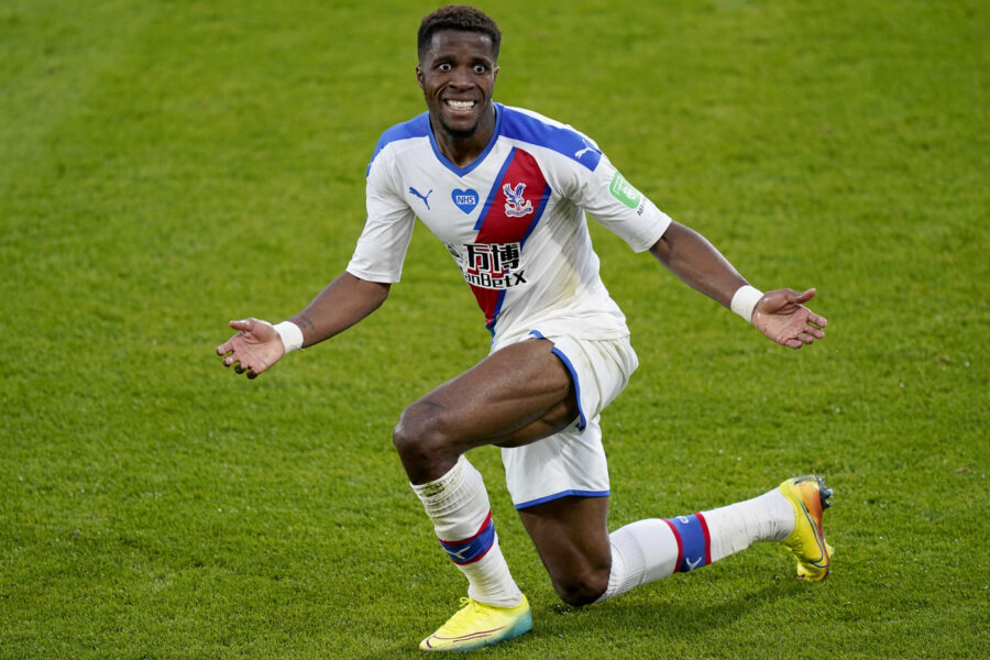 Crystal Palace’s Wilfried Zaha reacts during the English Premier League soccer match between Bournemouth and Crystal Palace at Vitality Stadium in Bournemouth, England, Saturday, June 20, 2020. (AP Photo/Will Oliver,Pool)
