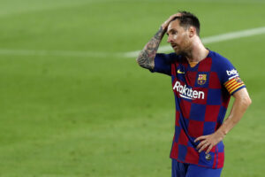 Barcelona’s Lionel Messi reacts after the end of a Spanish La Liga soccer match between Barcelona and Osasuna at the Camp Nou stadium in Barcelona, Spain, Thursday, July 16, 2020. (AP Photo/Joan Monfort)