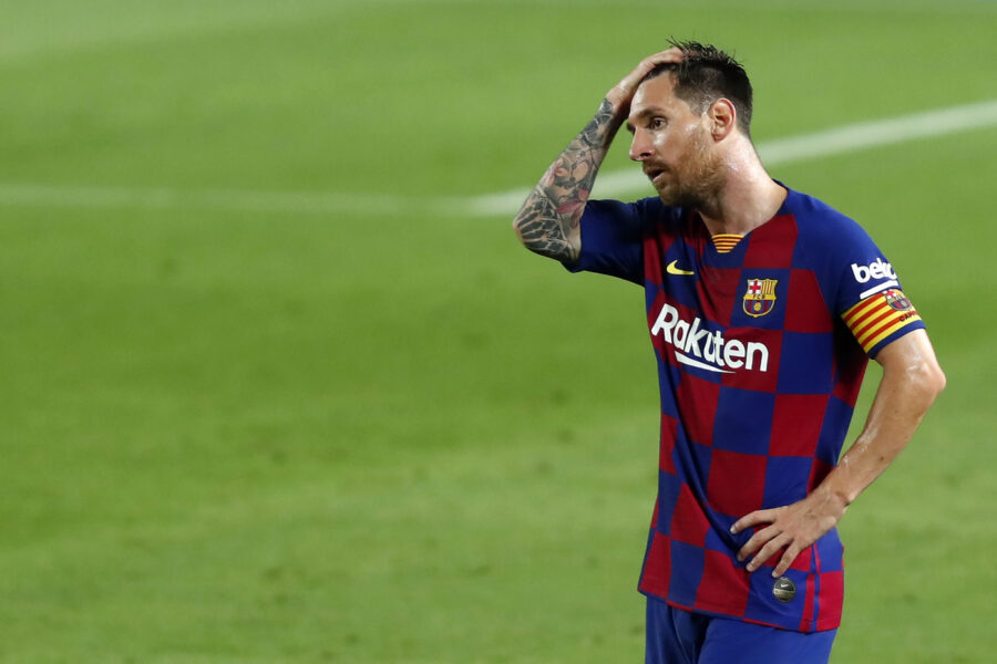 Barcelona’s Lionel Messi reacts after the end of a Spanish La Liga soccer match between Barcelona and Osasuna at the Camp Nou stadium in Barcelona, Spain, Thursday, July 16, 2020. (AP Photo/Joan Monfort)