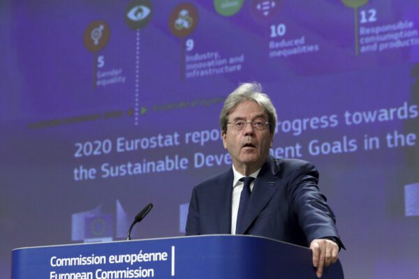 European Commissioner for the Economy Paolo Gentiloni speaks during a media conference on the 2020 Eurostat report, progress toward sustainable development goals in the EU, at EU headquarters in Brussels, Monday, June 22, 2020. (Yves Herman, Pool Photo via AP)