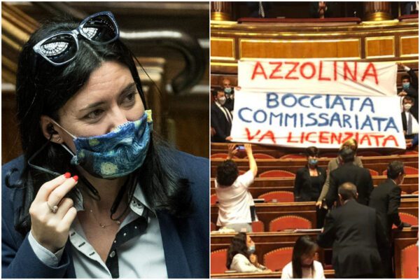 Il Senato come uno stadio, striscione contro la ministra Azzolina: “Va licenziata”