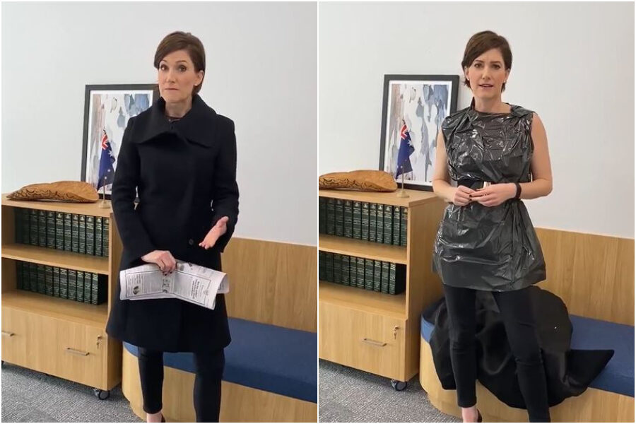 La parlamentare australiana risponde alle critiche sessiste al suo ‘look’ indossando un vestito-spazzatura
