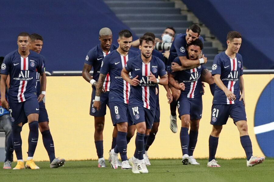 PSG’s Marquinhos, second right, celebrates after scoring the opening goal during the Champions League semifinal soccer match between RB Leipzig and Paris Saint-Germain at the Luz stadium in Lisbon, Portugal, Tuesday, Aug. 18, 2020. (AP Photo/Manu Fernandez)