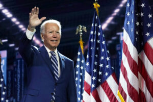 Democratic presidential candidate former Vice President Joe Biden stands on stage after Democratic vice presidential candidate Sen. Kamala Harris, D-Calif., spoke during the third day of the Democratic National Convention, Wednesday, Aug. 19, 2020, at the Chase Center in Wilmington, Del. (AP Photo/Carolyn Kaster)