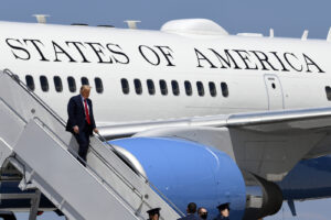 President Donald Trump exits Air Force One as he arrives at Burke Lakefront Airport in Cleveland, Ohio, Thursday, Aug. 6, 2020. (AP Photo/Susan Walsh) President Donald Trump exits Air Force One as he arrives at Burke Lakefront Airport in Cleveland, Ohio, Thursday, Aug. 6, 2020. (AP Photo/Susan Walsh)