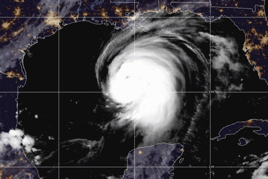 This satellite image released by the National Oceanic and Atmospheric Administration (NOAA) shows Hurricane Laura churning in the Gulf of Mexico, Wednesday, Aug. 26, 2020.  Forecasters say Laura is rapidly intensifying and will become a “catastrophic” Category 4 hurricane before landfall.  (NOAA via AP)
