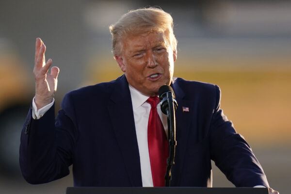 President Donald Trump speaks during a campaign rally at Manchester-Boston Regional Airport, Friday, Aug. 28, 2020, in Londonderry, N.H. (AP Photo/Charles Krupa)
