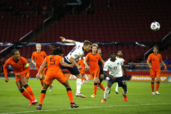 Italy’s Nicolo Barella, center scores his side’s first goal during the UEFA Nations League soccer match between The Netherlands and Italy at the Johan Cruijff ArenA in Amsterdam, Netherlands, Monday, Sept. 7, 2020. (AP Photo/Peter Dejong)