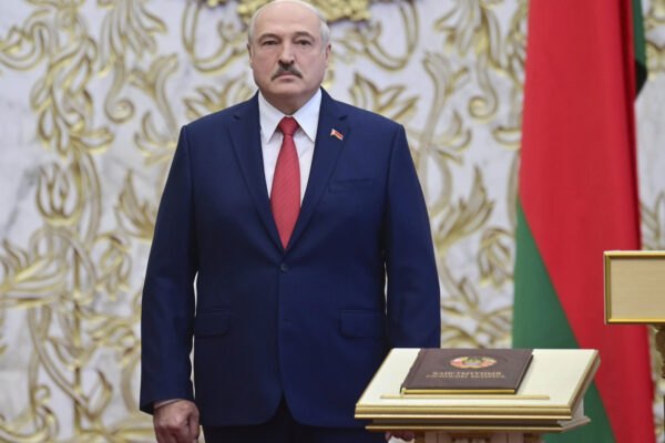 Belarusian President Alexander Lukashenko attends his inauguration ceremony at the Palace of the Independence in Minsk, Belarus, Wednesday, Sept. 23, 2020. Lukashenko of Belarus has assumed his sixth term of office in an inauguration ceremony that wasn’t announced in advance. State news agency BelTA reports that the ceremony will take place with several hundred top government official present (Andrei Stasevich/Pool Photo via AP)