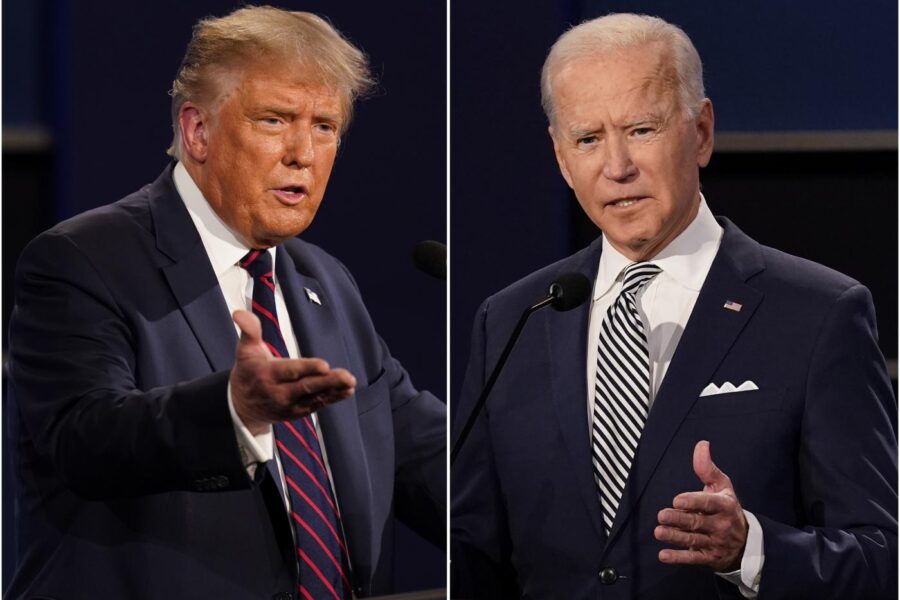 FILE – This combination of Sept. 29, 2020, file photos shows President Donald Trump, left, and former Vice President Joe Biden during the first presidential debate at Case Western University and Cleveland Clinic, in Cleveland, Ohio. Trump and Biden have starkly different visions for the international role of the United States — and the presidency.  (AP Photo/Patrick Semansky, File)