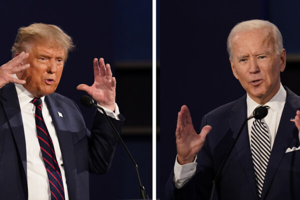 FILE – This combination of Sept. 29, 2020, file photos show President Donald Trump, left, and former Vice President Joe Biden during the first presidential debate at Case Western University and Cleveland Clinic, in Cleveland, Ohio. The Commission on Presidential Debates says the second Trump-Biden debate will be ‘virtual’ amid concerns about the president’s COVID-19. (AP Photo/Patrick Semansky, File)
