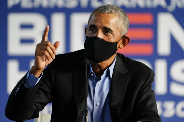 Former President Barack Obama speaks during a campaign event for Democratic presidential candidate former Vice President Joe Biden, Wednesday, Oct. 21, 2020, in Philadelphia. (AP Photo/ Matt Slocum)