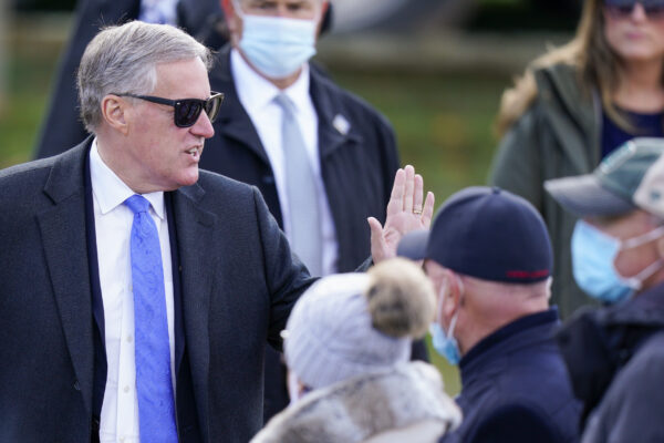White House Chief of Staff Mark Meadows talks with supporters before President Donald Trump speaks at a campaign rally at Keith House, Washington’s Headquarters, Saturday, Oct. 31, 2020, in Newtown, Pa. (AP Photo/Chris Szagola) White House Chief of Staff Mark Meadows talks with supporters before President Donald Trump speaks at a campaign rally at Keith House, Washington’s Headquarters, Saturday, Oct. 31, 2020, in Newtown, Pa. (AP Photo/Chris Szagola)