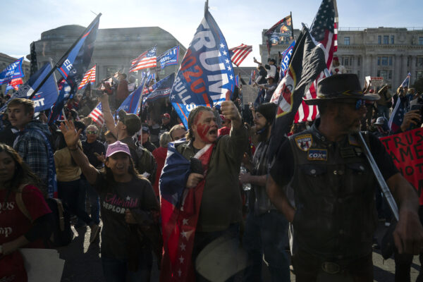 Supporters of President Donald Trump cheer as his motorcade drives past a rally of supporters near the White House, Saturday, Nov. 14, 2020, in Washington. (AP Photo/Evan Vucci)
