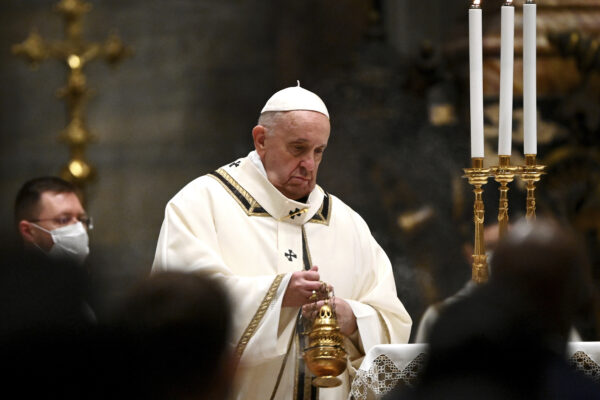 Pope Francis celebrates Mass on Christmas eve, at St. Peter’s basilica at the Vatican, Thursday, Dec. 24, 2020. (Vincenzo Pinto/Pool Photo via AP)