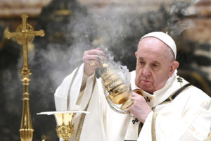 Pope Francis celebrates Mass on Christmas eve, at St. Peter’s basilica at the Vatican, Thursday, Dec. 24, 2020. (Vincenzo Pinto/Pool Photo via AP)