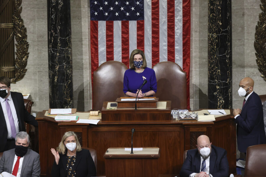 Speaker of the House Nancy Pelosi, D-Calif., speaks in the House Chamber after they reconvened for arguments over the objection of certifying Arizona’s Electoral College votes in November’s election, at the Capitol in Washington, Wednesday, Jan. 6, 2021. (Jonathan Ernst/Pool via AP)