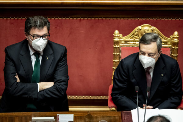 Foto Roberto Monaldo / LaPresse
17-02-2021 Roma, Italia
Politica
Senato – Voto di fiducia su governo Draghi
Nella foto: Il Presidente del Consiglio  Mario Draghi   al Senato e Il Ministro dello Sviluppo Economica Giancarlo Giorgetti 

Photo Roberto Monaldo / LaPresse
February 17, 2021  Rome, Italy
Senate – Vote of confidence on Draghi’s government
In the pic: Prime Minister Mario Draghi at the Senate and The Minister of Economic Development Giancarlo Giorgetti