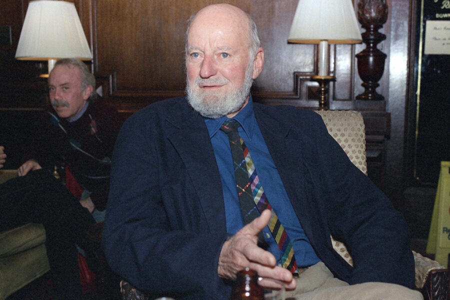 FILE – Author Lawrence Ferlinghetti appears in Oct. 8, 1988. Ferlinghetti, a poet, publisher and bookseller has died in San Francisco at age 101. His son says Ferlinghetti died at home on Monday, Feb. 22, 2021. Ferlinghetti helped launch and perpetuate the Beat movement. He was known for his City Lights bookstore in San Francisco, an essential meeting place for the Beats and other bohemians in the 1950s and beyond. (AP Photo/Frankie Ziths, File)