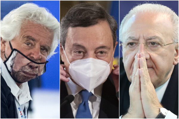 De Luca tra Draghi (“Mai nominato il Sud”), ministri “imbalsamati” e la transizione da “manicomio” di Grillo
