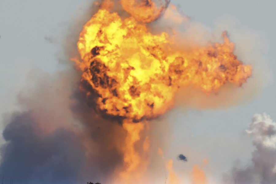 SpaceX’s bullet-shaped Starship prototype explodes after crashing while attempting to land following a successful test launch, Tuesday, Feb. 2, 2021, in Boca Chica, Texas. (Miguel Roberts/The Brownsville Herald via AP)