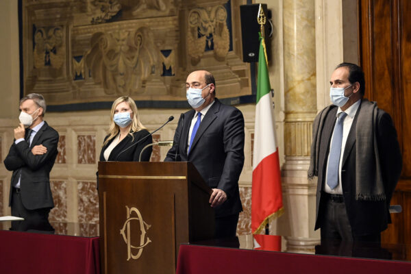 Foto Riccardo Antimiani/POOL Ansa/LaPresse
05-02-2021 Roma
Politica
Camera dei Deputati – Consultazioni del presidente del Consiglio incaricato Mario Draghi
Nella foto: Graziano Delrio, Valentina Cuppi, Nicola Zingaretti, Andrea Marcucci 
Photo Riccardo Antimiani/POOL Ansa/LaPresse
05-02-2021 Rome (Italy) 
Part of the delegation of Democratic Party composed by (L-R) Graziano Delrio, president Valentina Cuppi, secretary Nicola Zingaretti, and Andrea Marcucci during a press conference at the Chamber of Deputies after meeting with designated-prime minister Mario Draghi, for the formation of a new government after the resignation of Prime Minister Giuseppe Conte
In the pic: Graziano Delrio, Valentina Cuppi, Nicola Zingaretti, Andrea Marcucci