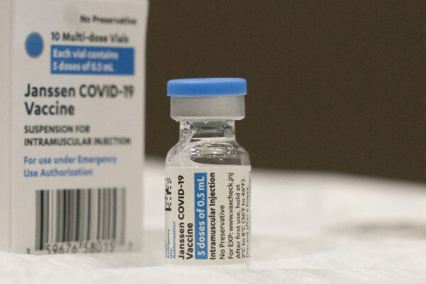 A vial of the Johnson & Johnson COVID-19 vaccine is displayed at South Shore University Hospital, Wednesday, March 3, 2021 in Bay Shore, N.Y. Janssen Pharmaceuticals is a division of Johnson & Johnson. (AP Photo/Mark Lennihan)