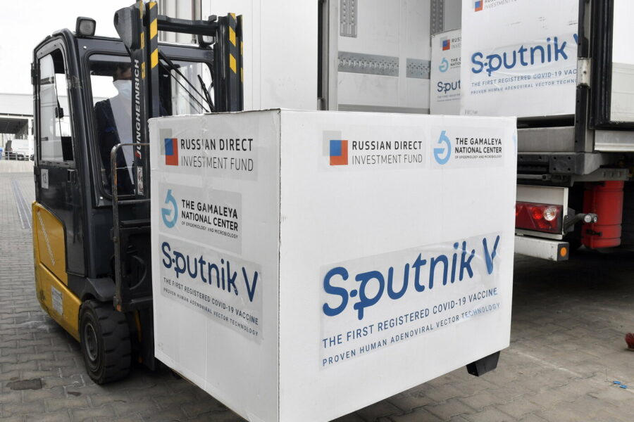 Boxes of Sputnik V vaccines are unloaded from a truck at a warehouse of Hungaropharma, a Hungarian pharmaceutical wholesale company, in Budapest, Hungary, Thursday, March 4, 2021. (Zoltan Mathe/MTI via AP)