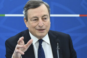 Italy’s Prime Minister, Mario Draghi speaks during a press conference following a Cabinet meeting in Rome, Friday, March 19, 2021. (Alberto Pizzoli/Pool photo via AP))