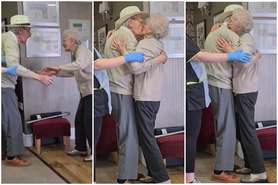 Coppia di anziani si riunisce dopo otto mesi: il dolce “ti amo” e il bacio tanto atteso