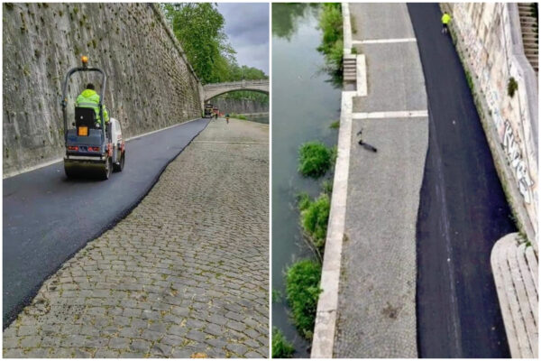 Catrame sul Lungotevere: “Ennesimo oltraggio a Roma”, Salvini attacca e Raggi risponde