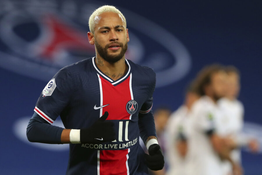 PSG’s Neymar runs during his League One soccer match between Paris Saint Germain and Bordeaux, at the Parc des Princes stadium in Paris, France, Saturday, Nov. 28, 2020. (AP Photo/Thibault Camus)