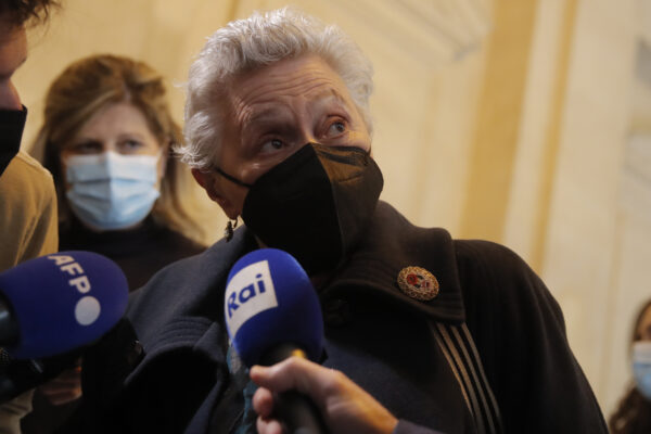 Marina Petrella arrives for an extradition hearing, in Paris, Wednesday, May 5, 2021. After living in freedom for decades in France, nine Italians convicted of left-wing terrorism for attacks in the 1970s and 1980s appeared in a Paris court Wednesday for an extradition hearing. The hearing is a first step in what could be a two- or three-year process to determine whether to send them to Italy. (AP Photo/Christophe Ena)