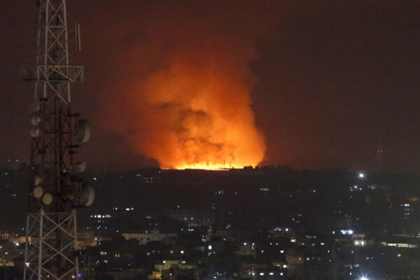 Smoke rises after an Israeli forces strike in Gaza in Gaza City, Monday, May 10, 2021. (AP Photo/Hatem Moussa)