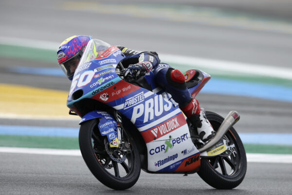 Moto3 rider Jason Dupasquier of Switzerland steers his motorcycle during the French Motorcycle Grand Prix in Le Mans, France, Sunday, May 16, 2021. (AP Photo/David Vincent)