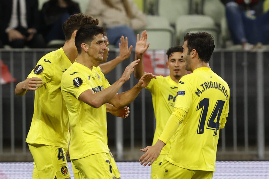 Villareal’s Gerard Moreno celebrates after scoring his side’s first goal during the Europa League final soccer match between Manchester United and Villarreal in Gdansk, Poland, Wednesday May 26, 2021. (Kacper Pempel, Pool via AP)