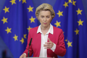 European Commission President Ursula von der Leyen gives a statement at the European Commission headquarters in Brussels, Wednesday, Sept. 23, 2020. (Stephanie Lecocq/Pool Photo via AP)